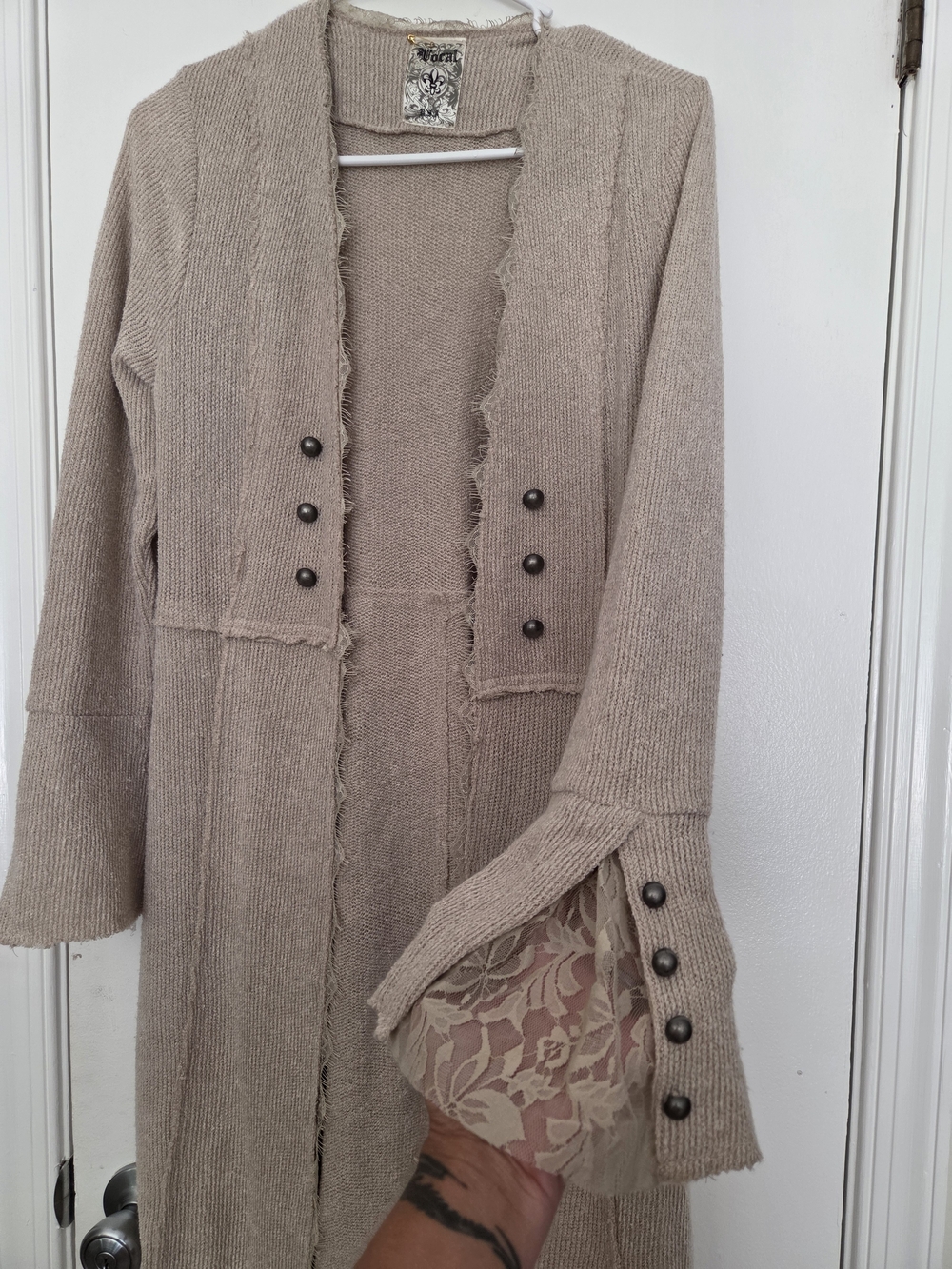 VOCAL USA Beige Knit Duster Cardigan NWOT Small Lace Bell Sleeve Boho Western - Picture 4 of 6